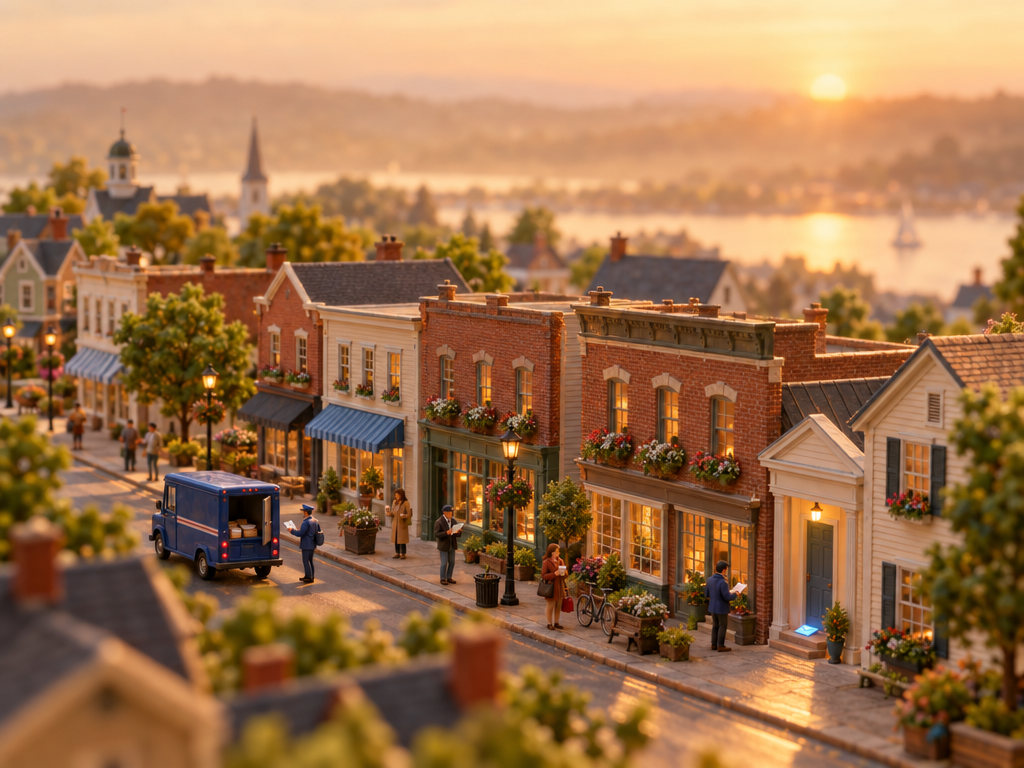A miniature town at sunrise: a small blue mail truck delivers envelopes along Main Street while people on the sidewalk read their letters.