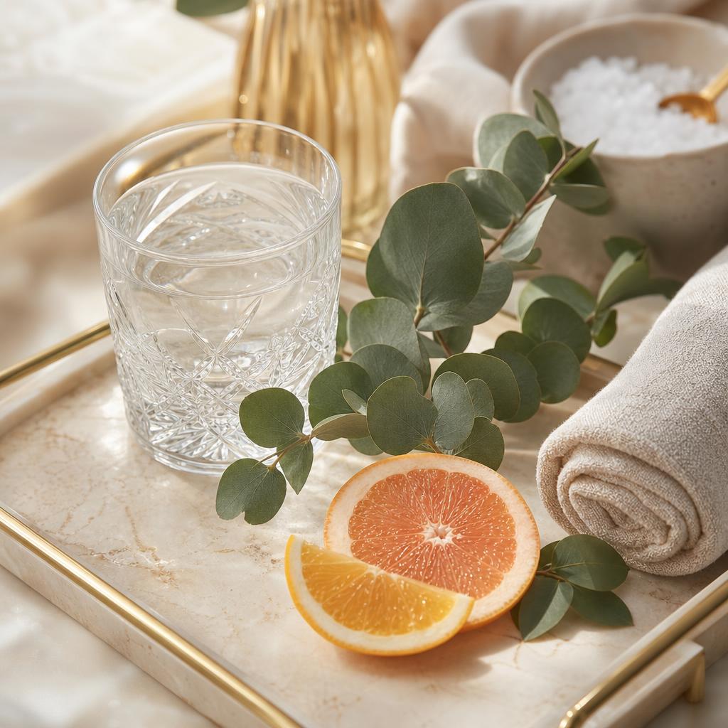 Warm coastal wellness detail with sunlight and water